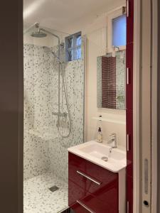 un bagno con doccia e lavandino bianco di Appartement familiale Paris - Mairie des Lilas a Les Lilas