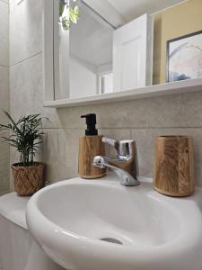 a bathroom sink with a soap dispenser on it at Fulham 2 bedroom apartment in London