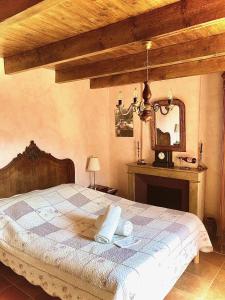 um quarto com uma cama e um espelho em Domaine de Cousignac em Bourg-Saint-Andéol