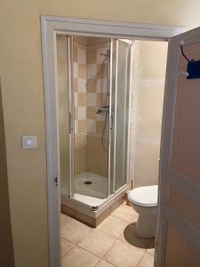 uma casa de banho com um chuveiro e um WC. em Domaine de Cousignac em Bourg-Saint-Andéol