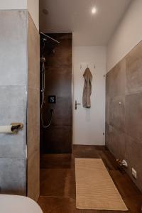 baño con ducha y puerta de cristal en Gemütliche Stadtferienwohnung Leibnitz, en Leibnitz