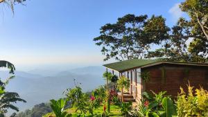 ミンカにあるCabañas Minca Sintropiaの山の景色を望む小さな家