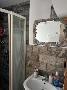 a bathroom with a sink and a mirror at Casa Iuliana in Valcea