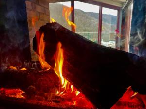 um fogo numa lareira com chamas em Le Gite de Sébastien à Manyaques em Le Tech