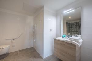 a bathroom with a sink and a toilet and a mirror at OVELIA Andrézieux-Bouthéon - Les Demeures du Forez in Andrézieux-Bouthéon +12 photos