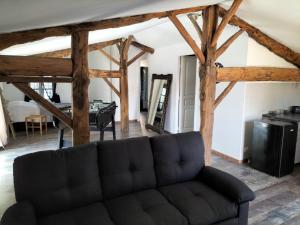 a living room with a couch and wooden beams at Les lodges d'Adelaide in Cahuzac-sur-Vère