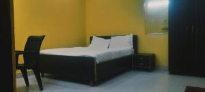ein Schlafzimmer mit einem Bett und einem Stuhl in einem Zimmer in der Unterkunft THE KNIGHTS INN in Lucknow