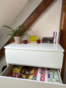 un cassetto bianco con una pianta e dei libri sopra di Ferienwohnung „Ruppbergblick“ a Zella-Mehlis