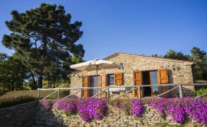 una casa de piedra con flores púrpuras delante de ella en Tenuta Angelici Winery Casa Contea with pool and panoramic pool Cortona, en Terontola