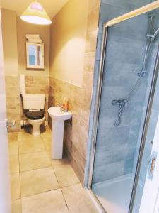 a bathroom with a shower and a toilet and a sink at LARGE 3 BEDROOM HOME, 3 BATHROOMS, FREE PARKING, FAST WIFI in Belfast