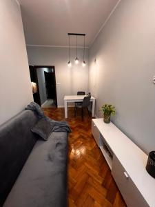 ein Wohnzimmer mit einem Sofa und einem Tisch in der Unterkunft Apartamenty In Centro by 3 maja in Gniezno