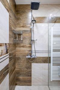een badkamer met een douche en een glazen deur bij Spacious Newly Furnished 1 BDRM Apartment in Sofia