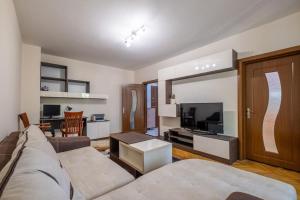 een woonkamer met een bank en een televisie bij Spacious Newly Furnished 1 BDRM Apartment in Sofia