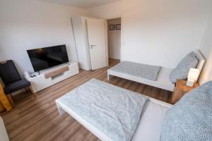 ein Wohnzimmer mit einem Sofa und einem TV in der Unterkunft Bookandstay24 Münster bei Darmstadt, Frankfurt, Rhein Main Gebiet in Münster