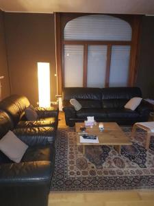 sala de estar con sofás de cuero y mesa de centro en Lovely Bourg house 4 pers 2 bedr 2 bath Wifi en Charleroi