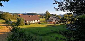 a large green yard with a house in the background at Siedlisko Czarny Kot in Lądek-Zdrój