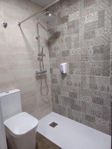 een badkamer met een douche en een wit toilet bij El Tesoro de la Mezquita in Córdoba