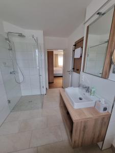 bagno con lavandino, doccia e specchio di Gästehaus und Weingut Erich Hirth a Obersulm