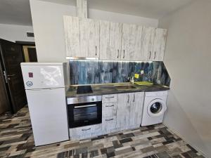 La cuisine est équipée d'un réfrigérateur, d'un évier et d'un lave-vaisselle. dans l'établissement Studio Apartament 47А- Trakia 54 А, à Plovdiv