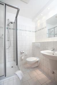 a bathroom with a shower and a toilet and a sink at Idyll Am Wolgastsee in Korswandt