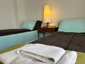 ヴコヴァルにあるPansion Vila Vanda Vukovarのベッドルーム1室(ベッド1台、白いタオル付)