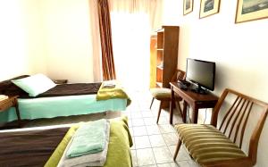 a bedroom with a bed and a desk with a television at Pansion Vila Vanda Vukovar in Vukovar