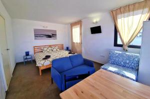 a living room with a blue couch and a bed at NaoClub Fuerteventura in Lajares