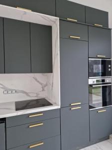 ラ・マンブロル・シュル・ショワジーユにあるChambre d'hôtesのキッチン(グレーのキャビネット、白いカウンタートップ付)