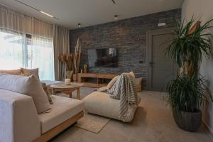 Una sala de estar con un sofá y un televisor. en Soul Luxury Villa, en Plános