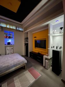 een slaapkamer met een bed en een flatscreen-tv bij Barbara's appartment in Athene
