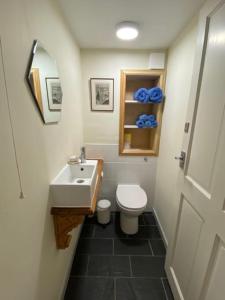a small bathroom with a sink and a toilet at Traditional Welsh cottage in Llanberis in Llanberis