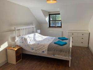 Traditional Welsh cottage in Llanberis في لانبيريس: غرفة نوم عليها سرير ومخدات زرقاء