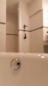 ein Bad mit einer Dusche und einem Spiegel in der Unterkunft Suite 1 - Krems an der Donau in Rossatz