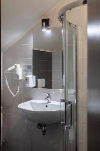 een badkamer met een wastafel en een douche met een spiegel bij DREAM Hotel Kyiv in Kiev