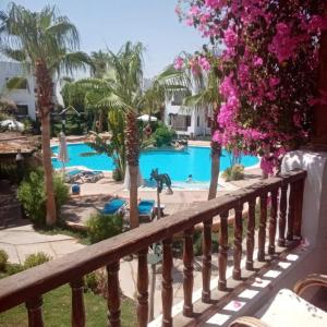 Blick auf den Pool vom Balkon eines Resorts in der Unterkunft Delta sharm in Sharm El Sheikh