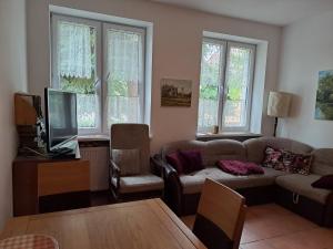 a living room with a couch and a tv at Apartament Chopina 2 in Węgorzewo