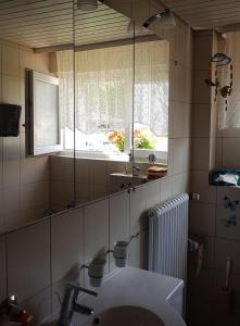ein Bad mit einem Waschbecken und einem Spiegel in der Unterkunft Ferienwohnungen Michael u Christine in Langenargen