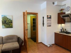 a living room with a couch and a kitchen at Apartament Chopina 2 in Węgorzewo