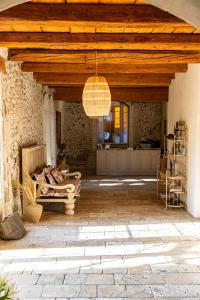 uma sala de estar com um tecto de madeira e uma luz pendente em Maison Bournissac em Noves