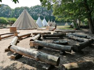 Ein Haufen Holz und eine Gruppe Zelte in der Unterkunft Tipidorf Walbeck in Geldern