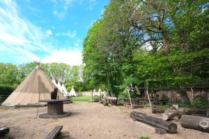a tent and a picnic table in a field at Tipidorf Walbeck in Geldern