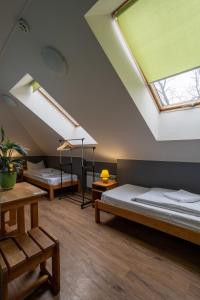 a attic room with two beds and a skylight at DREAM Hotel Kyiv in Kyiv