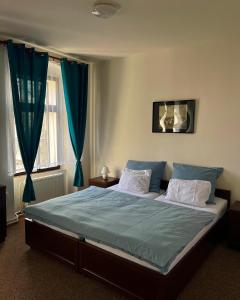 1 dormitorio con 1 cama grande con sábanas azules en Stará pošta, en Telnice