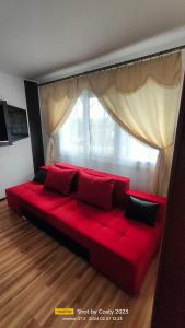 a red couch in a room with a window at Central City Park in Bacău