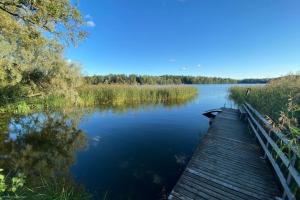 Mindfulness Homestay in Espoo في إسبو: مرسى خشبي على بحيرة يوجد قارب عليها