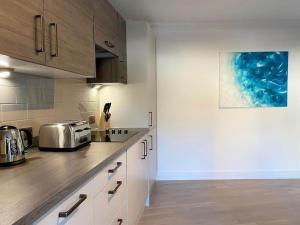 uma cozinha com armários brancos e uma pintura na parede em Modern Stylish 2 bedroom 2 Bath Apartments in Rochester by 360Stays em Rochester