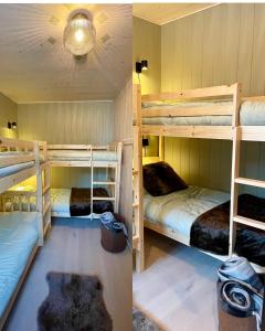 two bunk beds in a room with a lamp at Ljungvind Funäsdalen in Funäsdalen