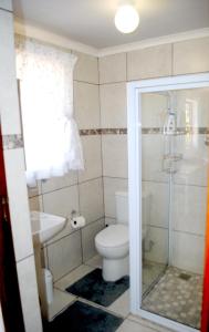 een badkamer met een toilet, een wastafel en een douche bij Watercolour Cottage in Hermanus