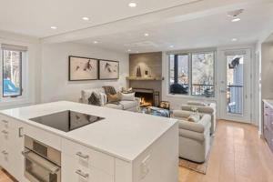 een witte keuken met een woonkamer met een open haard bij New Listing 3BR 3BA Aspen Condo in Aspen
