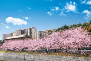 a tree with pink flowers in front of a building at Ryugujo Spa Hotel Mikazuki Fujimitei in Kisarazu